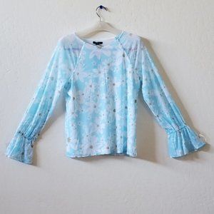 Alfani Sheer Powder Blue with White Floral Raglan Long Sleeves Top Small NWT